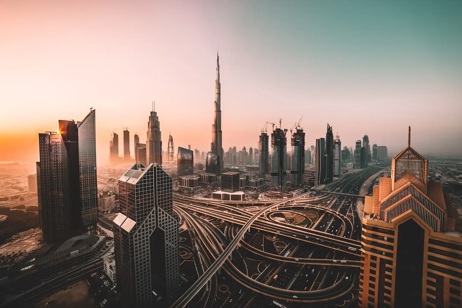 Dubai skyline with residential towers beside busy roads